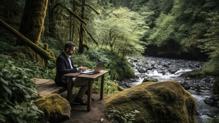 Professional on bleisure break, working in a scenic riverside forest
