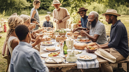 Diverse friends sharing a meal at summer picnic - Powered by Adobe