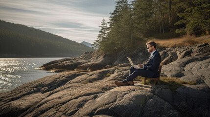 Business professional on bleisure break, working lakeside