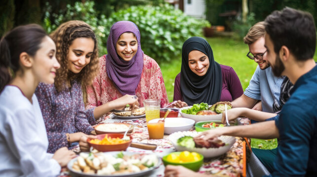 Friends enjoying a potluck meal in a garden