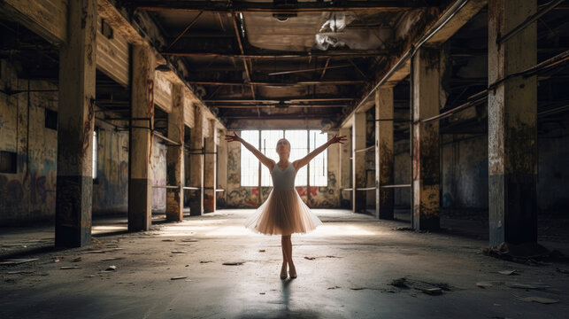 Ballerina practicing ballet in an abandoned industrial space