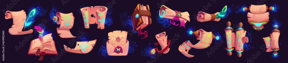 Poster old parchment scroll and magic book ui glow cartoon game icon. medieval wizard papyrus map with fant