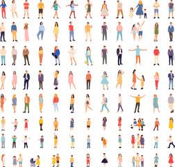 set of people, men and women, children on white background vector