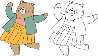bear dancing cartoon coloring book on white background vector