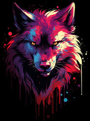 illustration of a wolf's head with doodles and paint on it, in dark red and dark purple style, for t-shirt or poster. AI generated Images