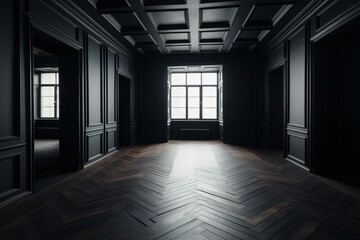 Desolate space with black parquet flooring and blank walls. Generative AI