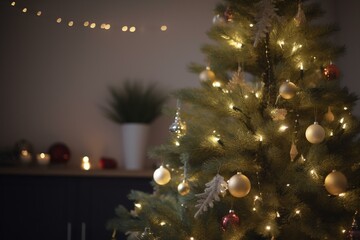 Fototapeta na wymiar Image of a Christmas tree with decorations and lights. Generative AI