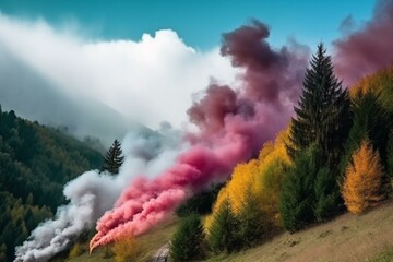 Natural landscape with multicolored smoke, mountains, trees and sky. Generative AI