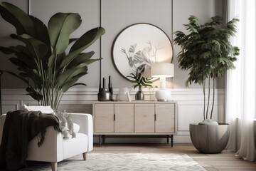 Close-up mockup of a coastal living room interior with a wall, commode, plant, and decor. 3D rendering. Generative AI