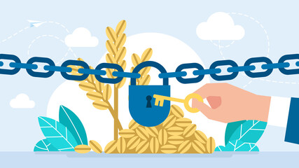 	
Access to grain is closed. Seizure of the wheat harvest. A pile of grain and an ear of corn behind a chain with a closed lock. Open access. The problem of food for poor countries. Flat illustration