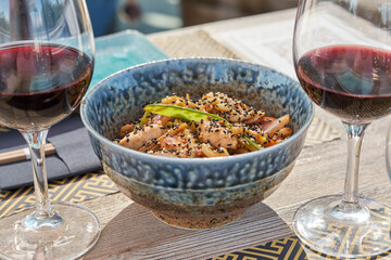 Traditional Asian fried tuna with sesame seeds and vegetables