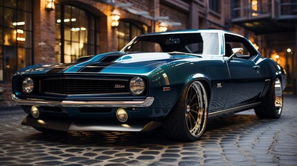 A blue and black muscle car.