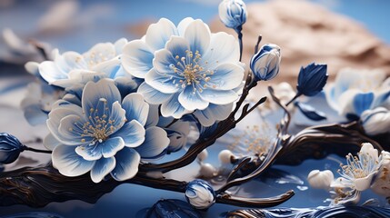A blue and white background with a floral design and a flower on it.
