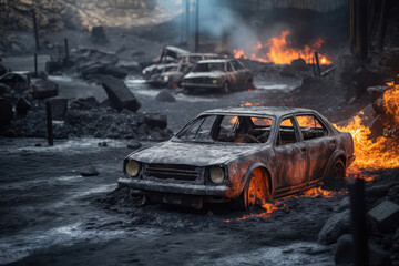 Obraz na płótnie Canvas Ausgebrannte Autos nach einer Naturkatastrophe