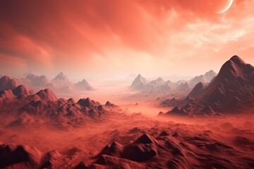 Futuristic red planet desert landscape with stunning fog effects. 3D illustration. Generative AI