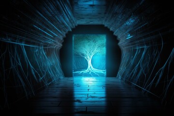 Blue neon laser tree in a dark grunge tunnel, showcasing a modern futuristic design. Generative AI