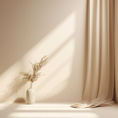 Minimal product placement background with palm shadow on plaster wall. Luxury summer architecture AI generatorinterior aesthetic. Creative boho concept home product platform stage mockup 
AI generat
