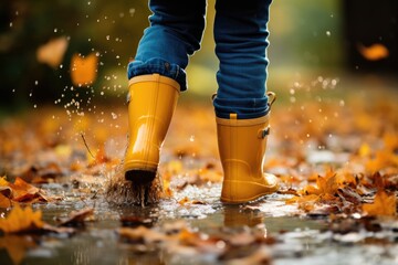 The legs of a child in yellow rubber boots walk through puddles in the rain.