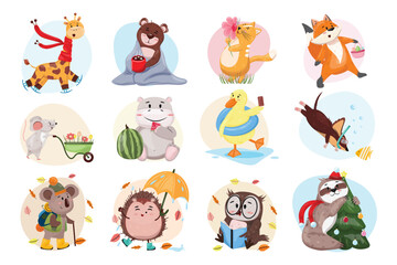 Collection of twelve different animals having activities in every season. Cute cartoon illustrations of diverse animals. 