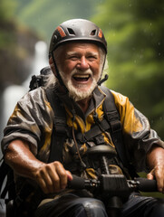 Fototapeta premium An old man was drifting in a river in the mountains