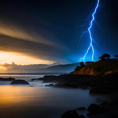 Bright lightning strike during a thunderstorm in the twilight stormy sky over the water of the lake. Generative AI