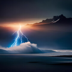 Bright lightning strike during a thunderstorm in the twilight stormy sky over the water of the lake. Generative AI