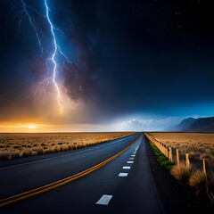 Bright lightning strike during a thunderstorm in the twilight stormy sky over the water of the lake. Generative AI