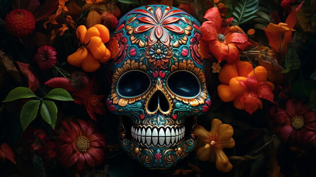 photo a colorful skull with a flower pattern on it. Generative AI