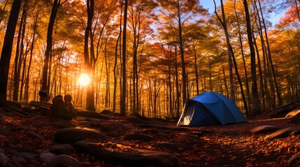 秋のキャンプ、紅葉する林の中にあるテントの風景