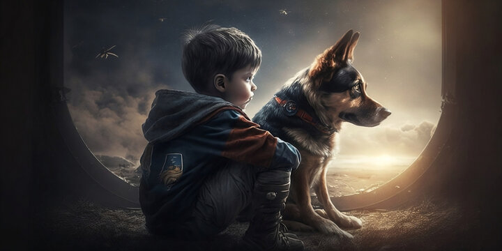 Boy is looking at the horizon with his dog, he is sad pocp in a sunset, image created with AI