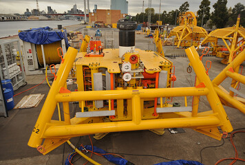 subsea equipment prior to offshore, platform drilling installation-machinery in situ on working barge