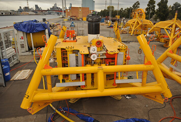 subsea equipment prior to offshore, platform drilling installation-machinery in situ on working...