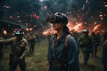 Virtual metawars: Ideas battle in immersive reality. Ideologies clash, narratives vie for influence in digital realm. - obrazy, fototapety, plakaty