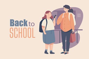 Back to school poster template in flat design. Banner layout with happy teens schoolgirls with backpacks standing together in classroom. Classmate students going to lessons. Vector illustration.