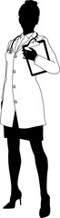 Silhouette female doctor woman medical healthcare person. In a lab coat and holding a clipboard.