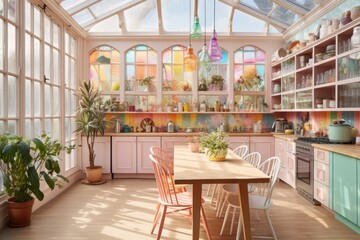 Fototapeta na wymiar Pastel iridescent light rays inside bright kitchen