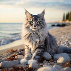 Maine Coon Cat on the beach at sunset, created with generative AI - 634991064