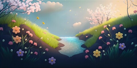 meadow field background with blooming flowers, beautiful blooming flowers. made with generative AI