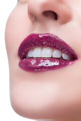 Fototapeta premium Close-up perfect natural lip makeup beautiful female mouth as sexy full lips While Macro photo face detail for Perfect clean skin tender lips.