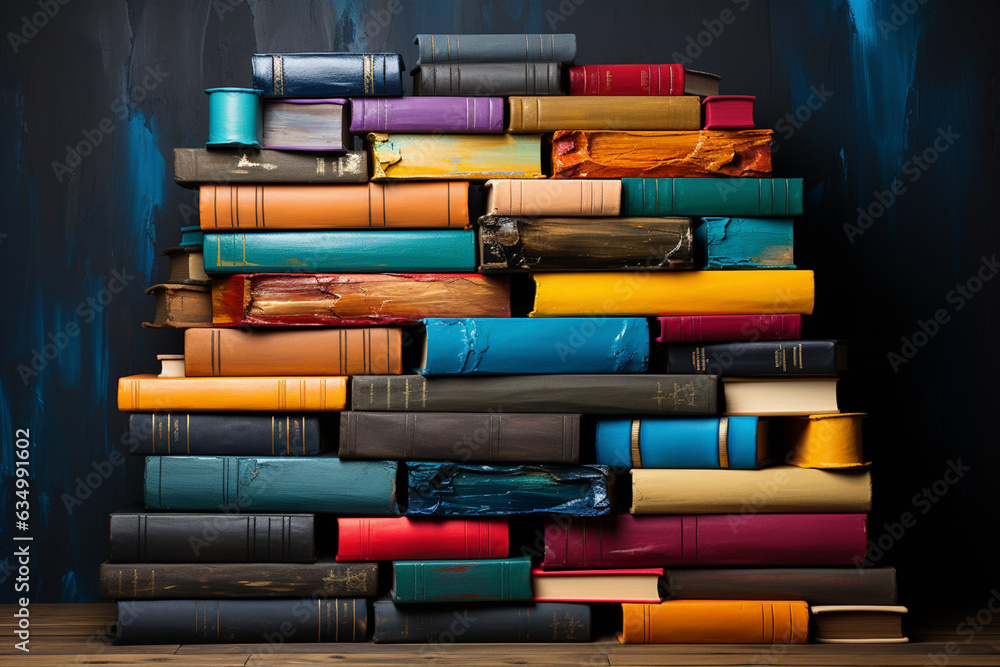 Poster top view on colorful stacked books. education and learning concept background generative ai technolo