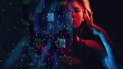 Bipolar disorder. Split personality. Stress anxiety. Double exposure glitch noise silhouette of...