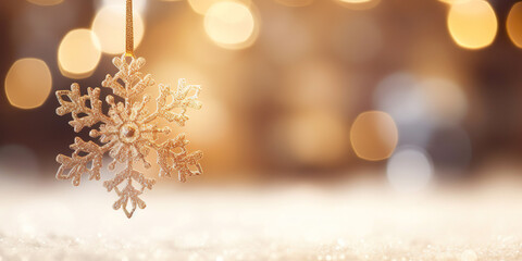 Fototapeta na wymiar Luxurious golden snowflake ornament hanging on a backdrop of christmas lights. Elegant and festive holiday design.