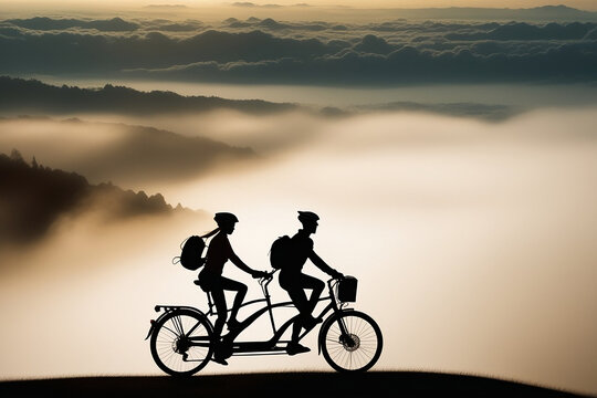 silhouette of a couple cycling on a hill at sunset golden hour