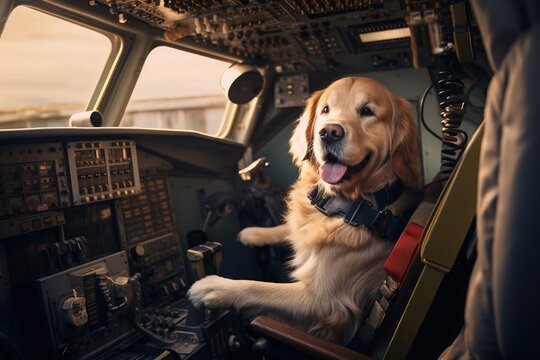 excited golden retriever dog dressed as a pilot sitting in a cockpit, flying a plane -  funny humorous airplane travel dog pet meme