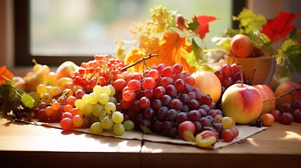 Fototapeta 秋のフルーツ、ぶどうやりんごなど新鮮な果物の盛り合わせ obraz