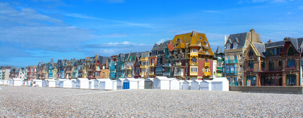 Famous facades on the seaside of Mers-les-Bains, limit of Hauts-de-France and Normandy. France