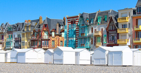 Famous facades on the seaside of Mers-les-Bains, limit of Hauts-de-France and Normandy. France