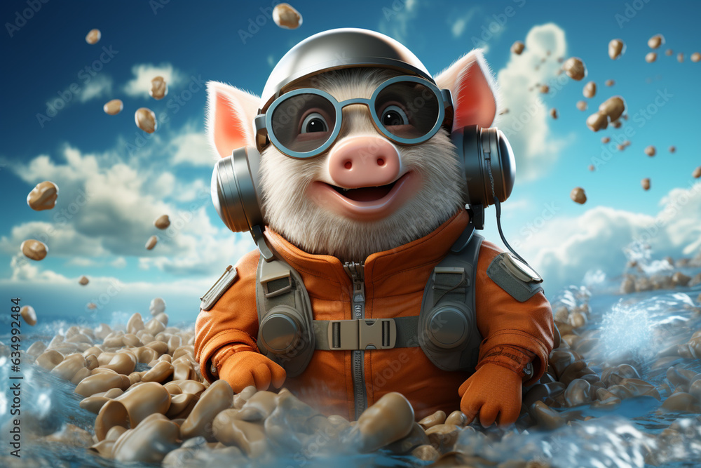 Poster piggy bank with pilot glasses flying on white fluffy cloud on turquoise blue background generative a
