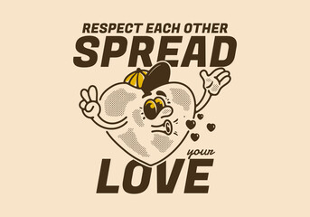 Spread your love, Heart mascot character illustration in vintage style