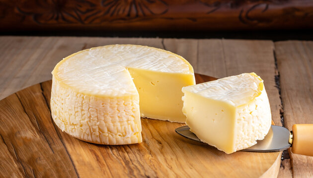 Artisanal Canastra cheese from Minas Gerais, Brazil over wooden table